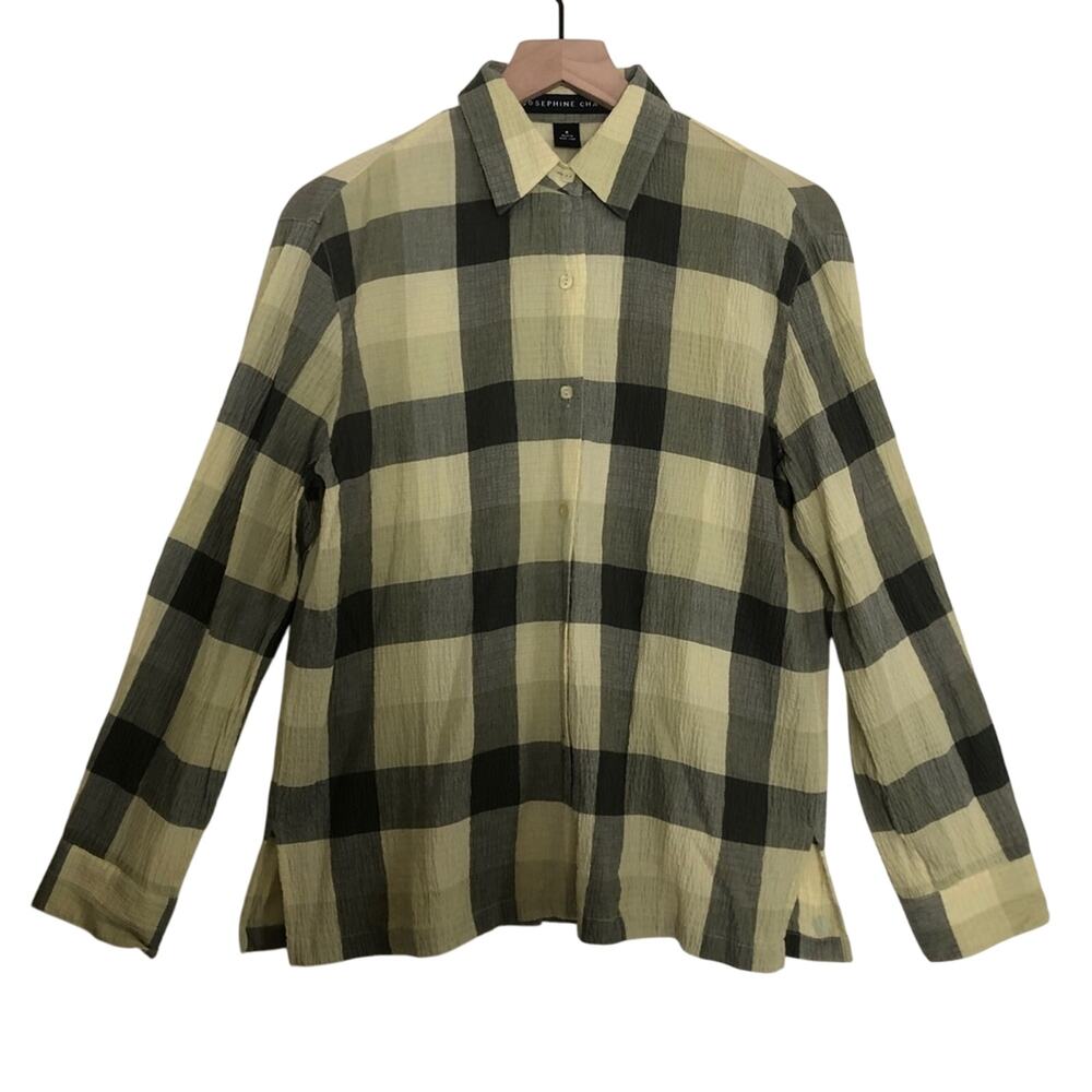 Josephine Chaus Cotton Blend Yellow Black Plaid Long Sleeve Button Up Shirt Top